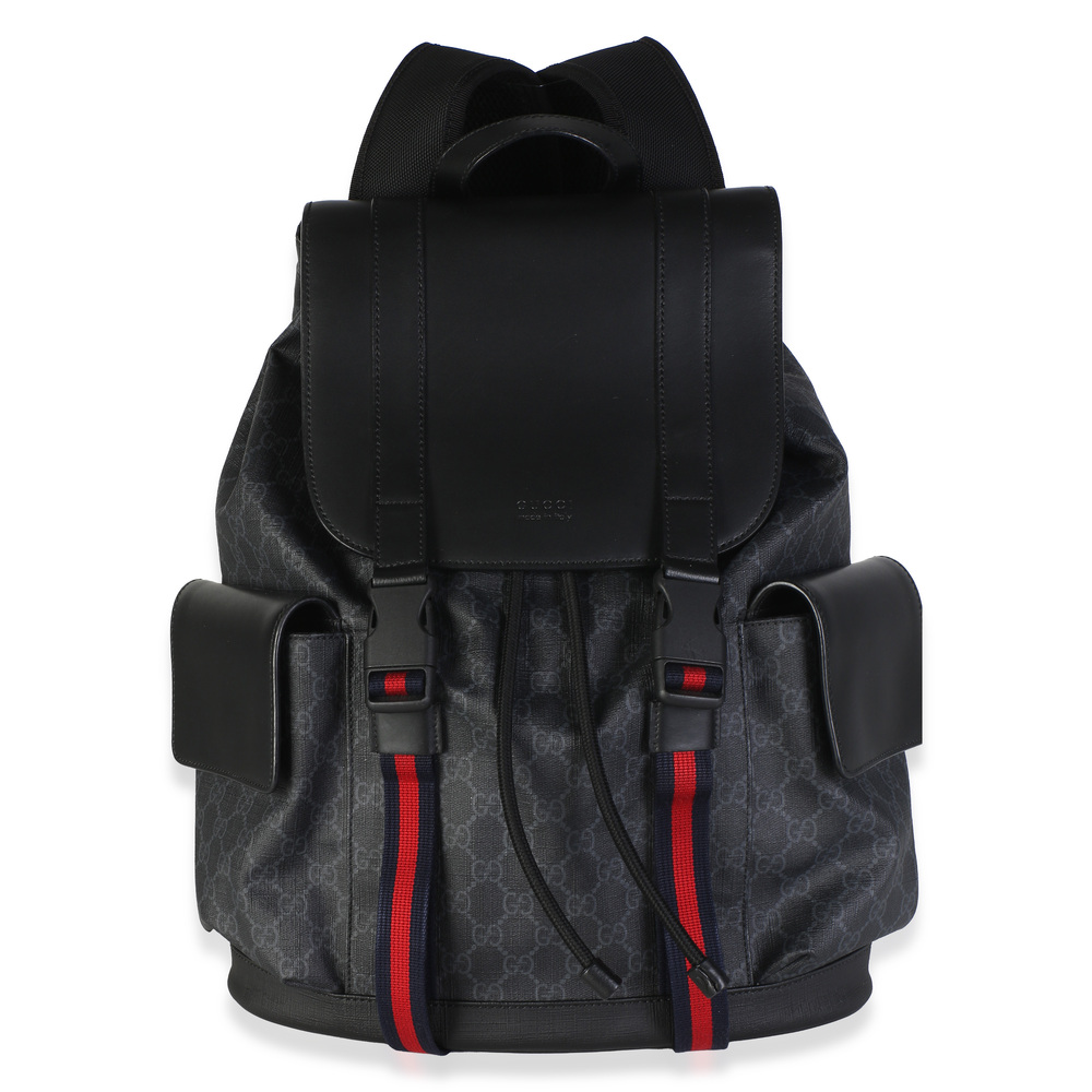 Gucci Black Soft GG Supreme Canvas Calfskin Web Double Buckle Backpack